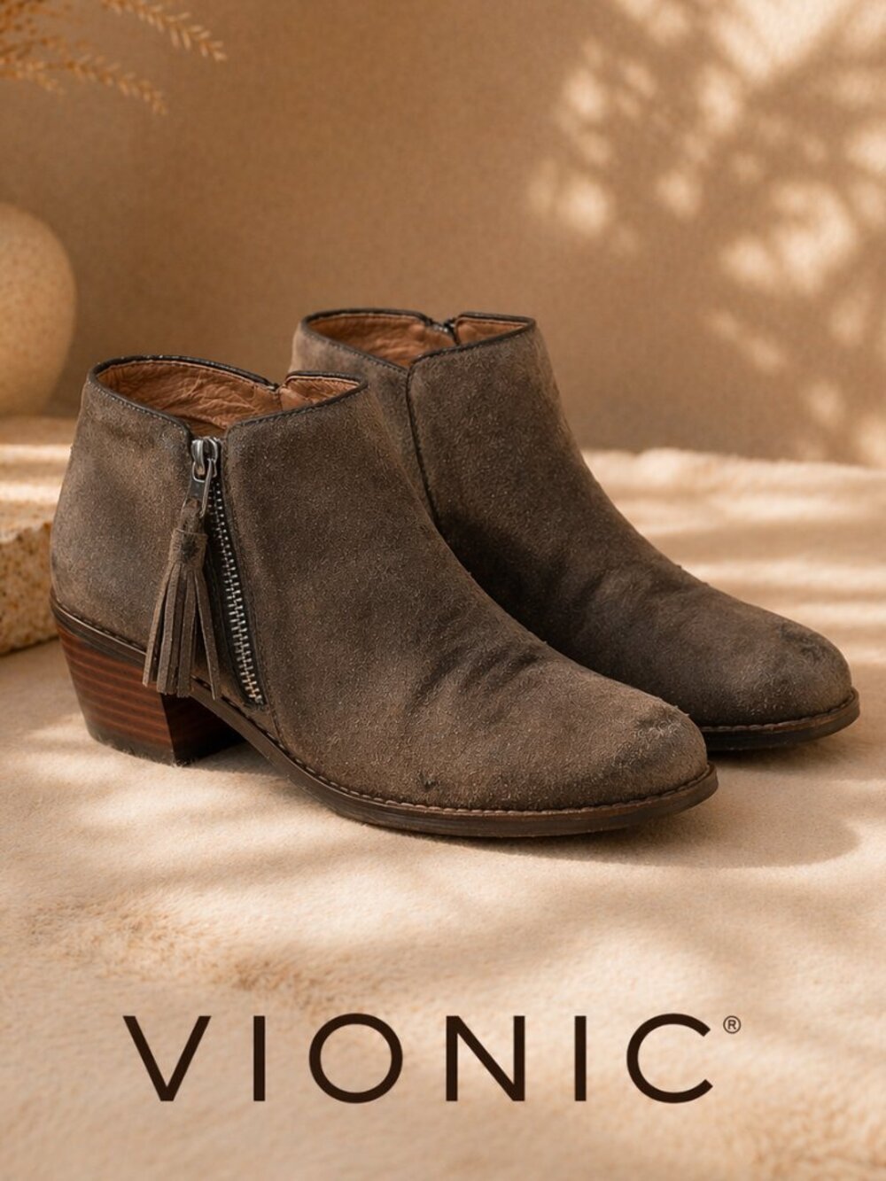 Vionic Joy Serena Brown Suede Western Ankle Boots 6.5 Zip Tassel